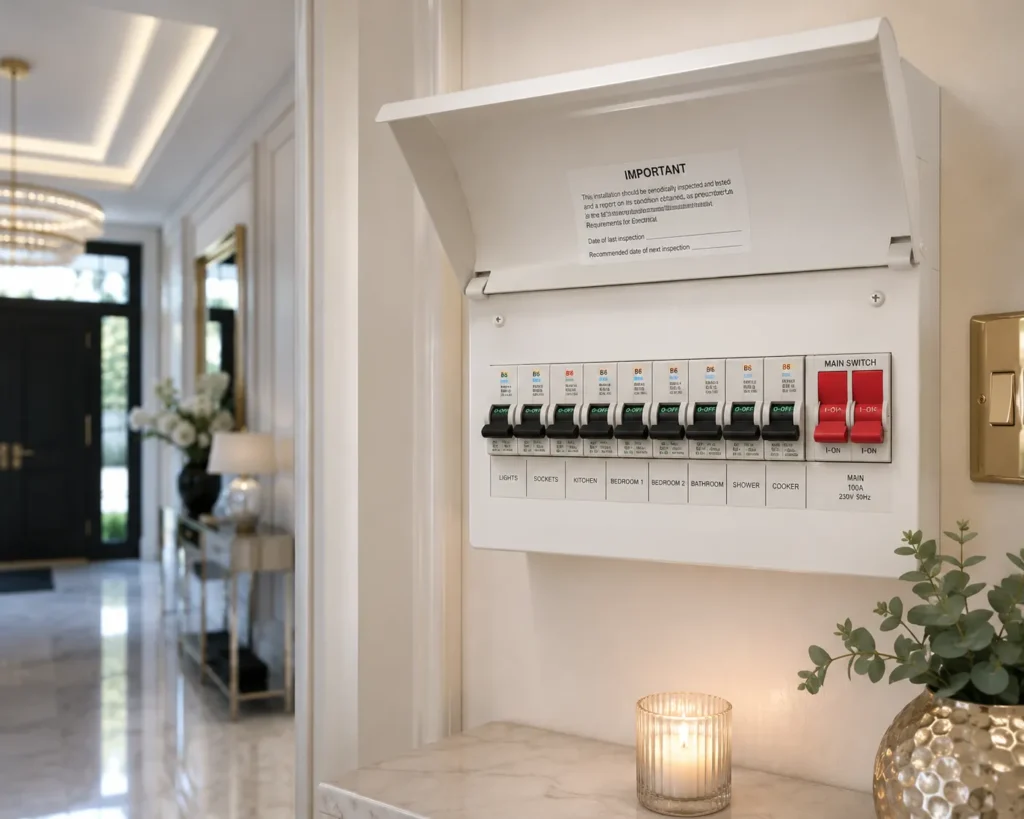 Electrical panel in elegant hallway