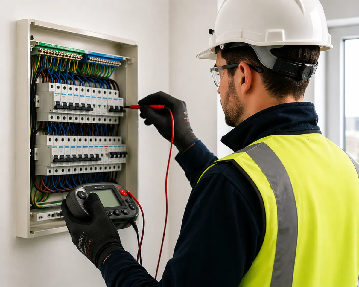 Electrician testing circuit breaker panel