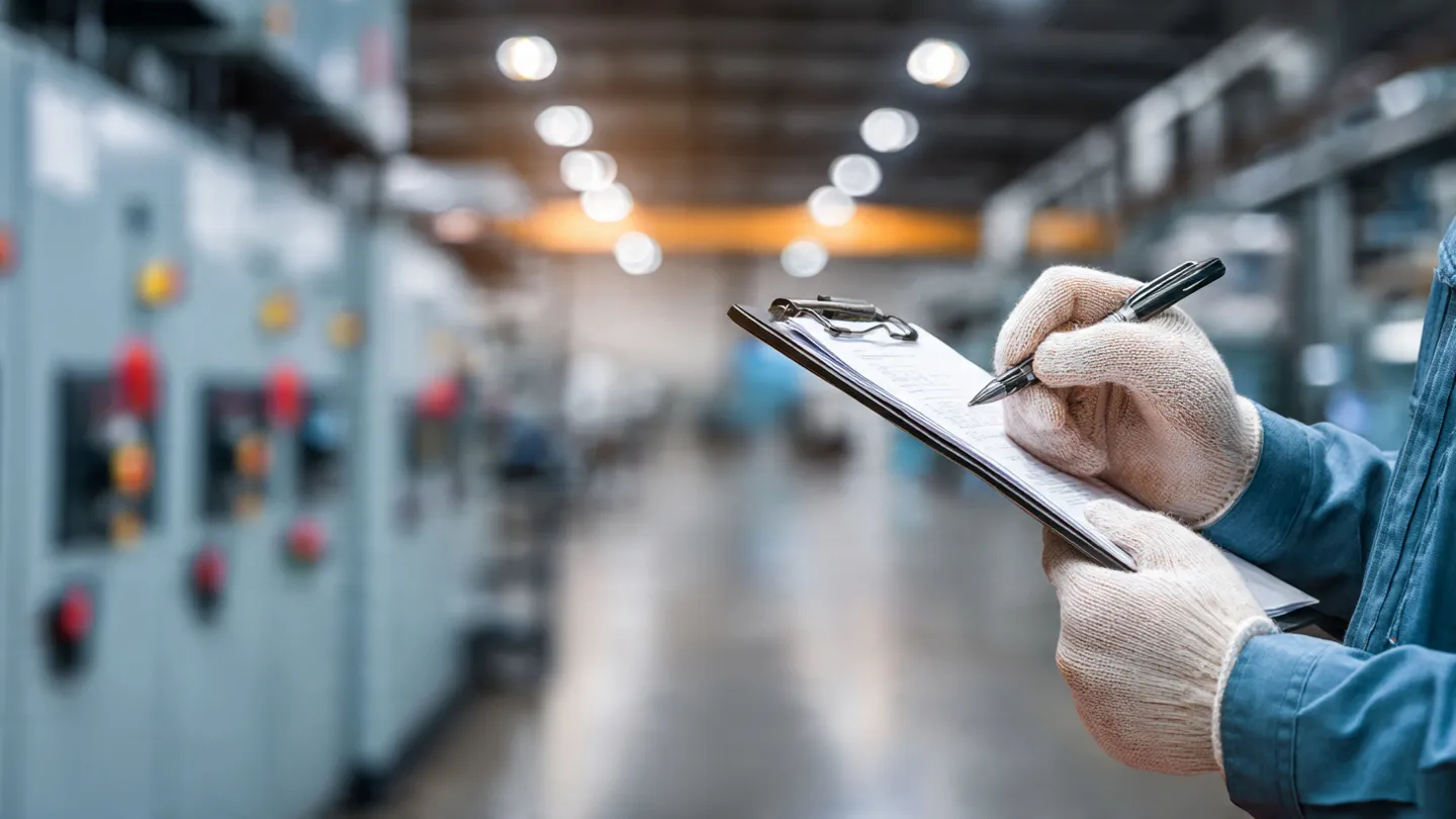 Person inspecting equipment with clipboard