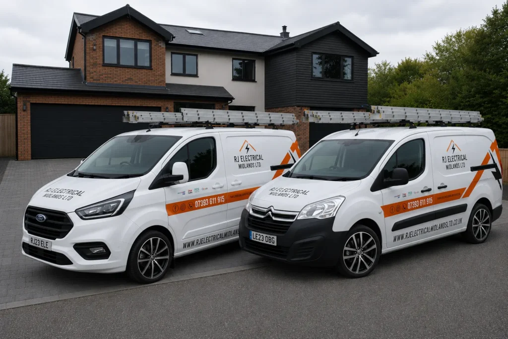Two electrical service vans parked outside