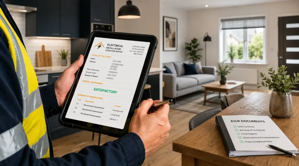 Person reviewing electrical report on tablet