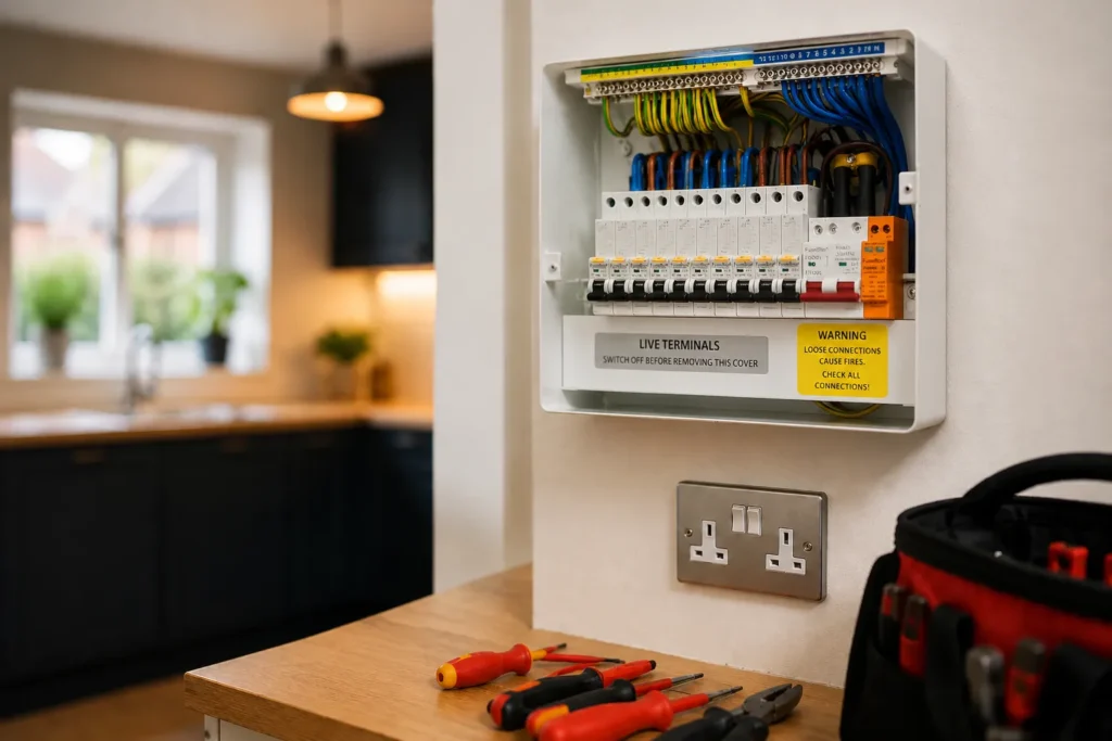 Electrical panel with tools nearby.