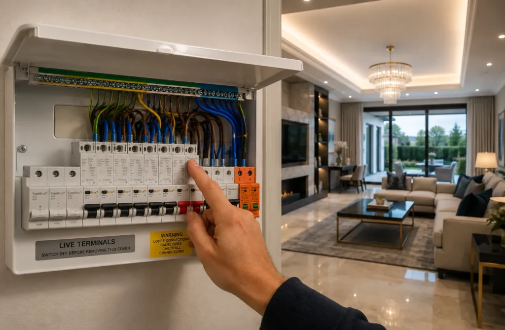 Person adjusting electrical circuit breaker