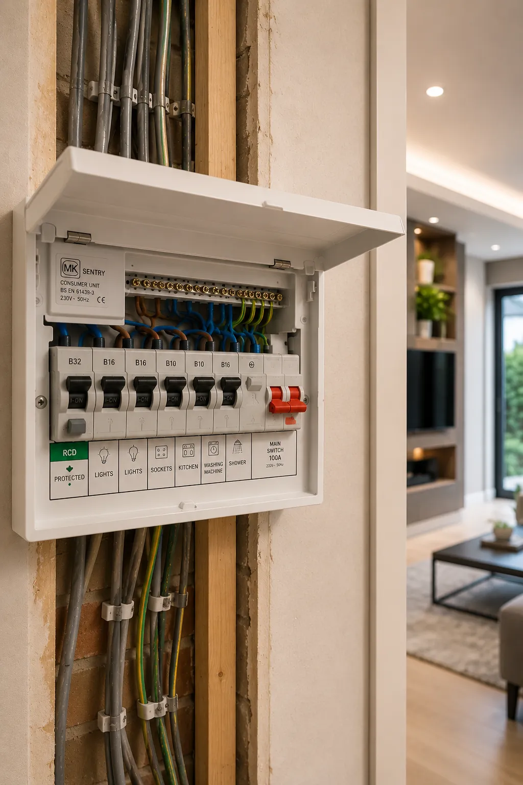 Electrical circuit breaker panel on wall