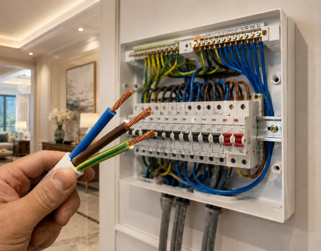 Hand holding wires near circuit panel